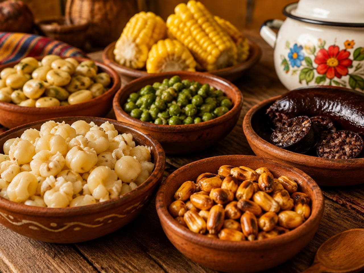 Mote, tostado, chochos, alverja, choclo y morcilla en platos de barro