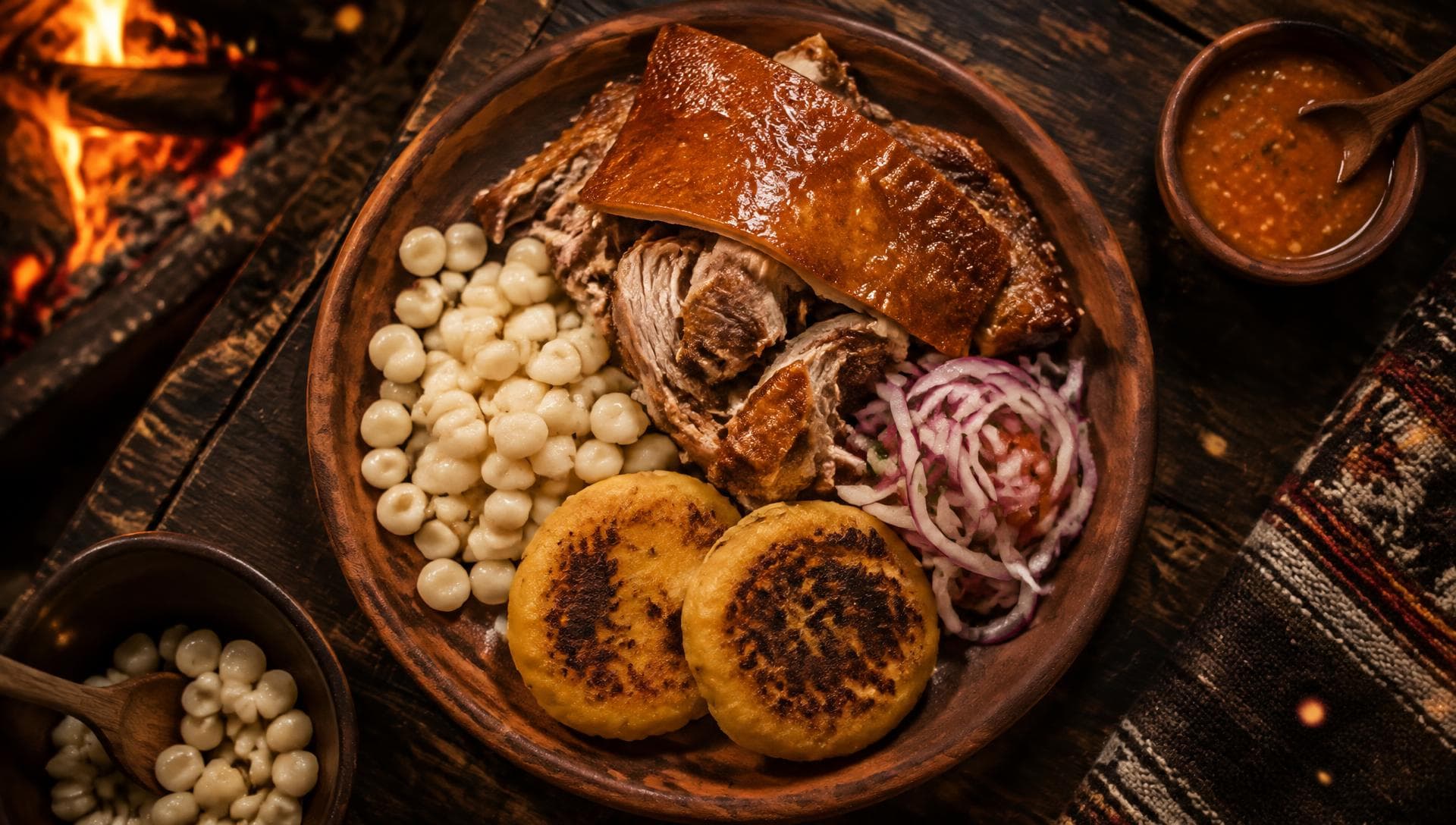 Plato de hornado con cuero crocante, mote, tortillas y curtido junto al fogón